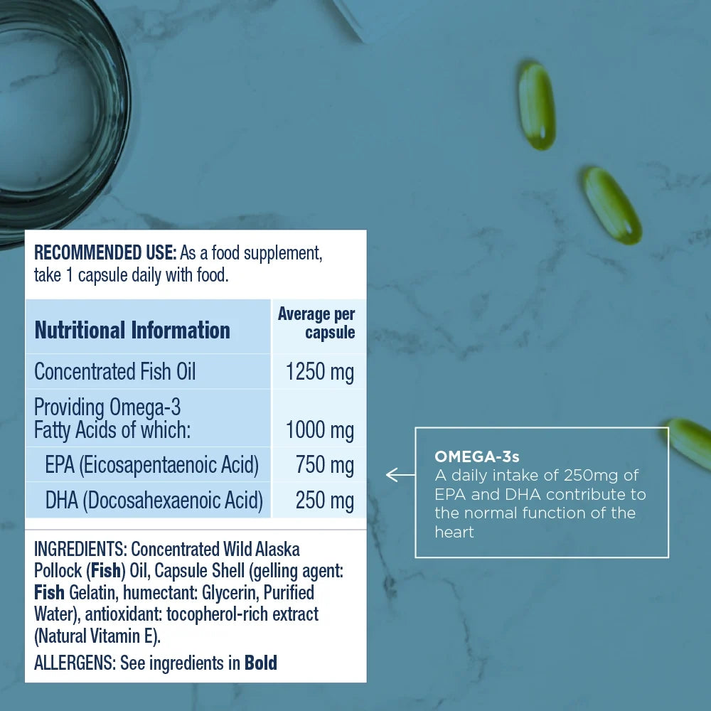 Nutritional information label for a concentrated fish oil supplement on a blue background with fish oil capsules.