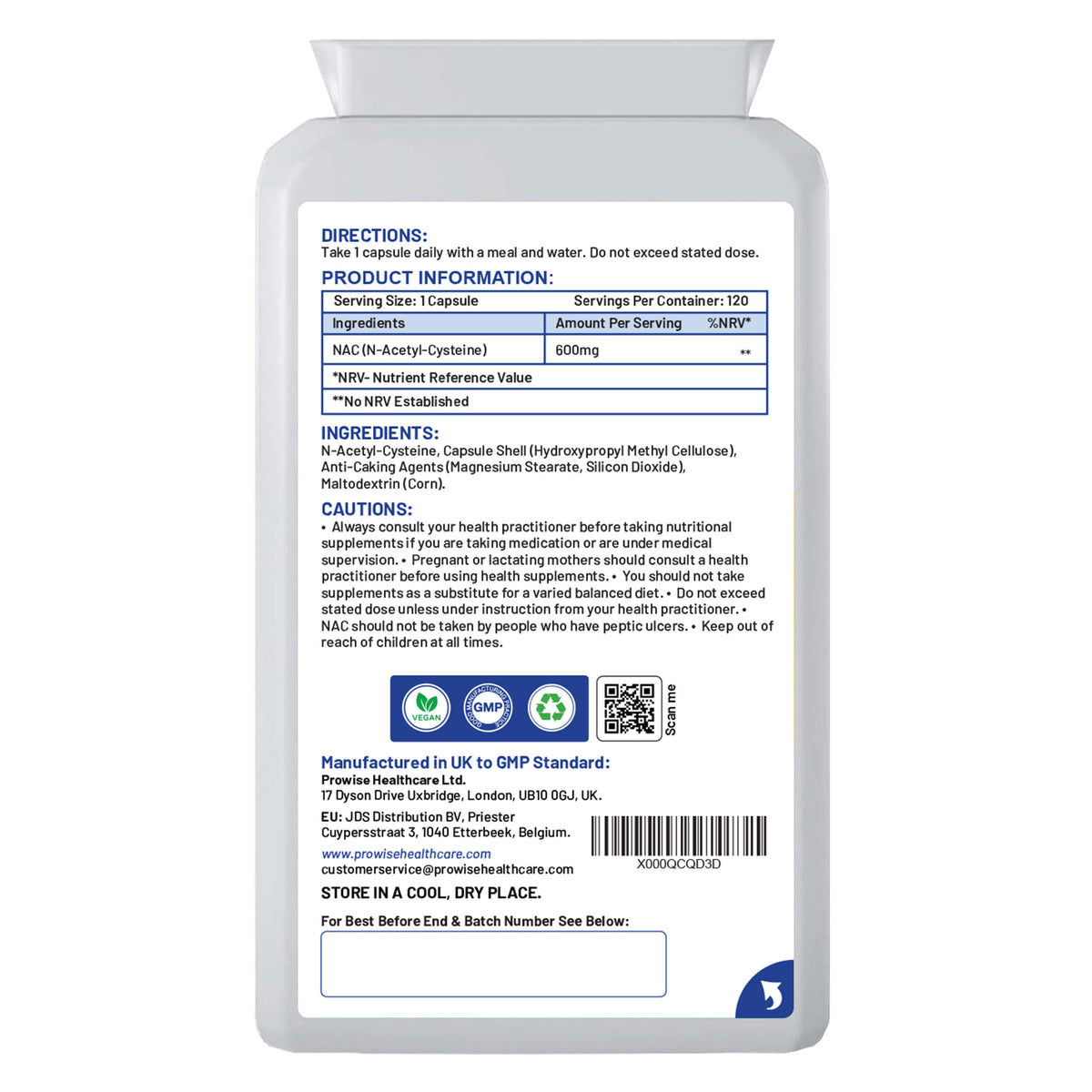 Prowise NAC 600mg – 120 Capsules – back label with 600mg NAC, ingredients and directions