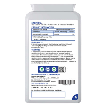 Prowise NAC 600mg – 120 Capsules – back label with 600mg NAC, ingredients and directions