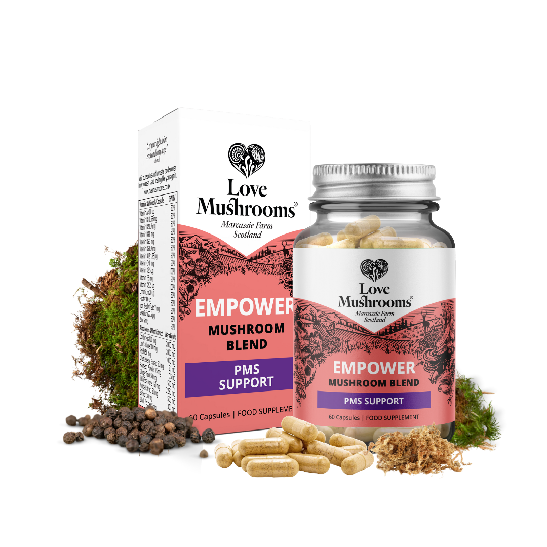 Love Mushrooms Empower PMS Support capsules with bottle, box, loose capsules and botanical ingredients