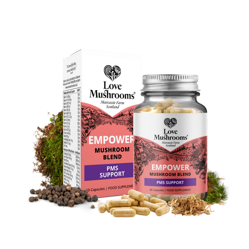 Love Mushrooms Empower PMS Support capsules with bottle, box, loose capsules and botanical ingredients
