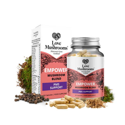 Love Mushrooms Empower PMS Support capsules with bottle, box, loose capsules and botanical ingredients