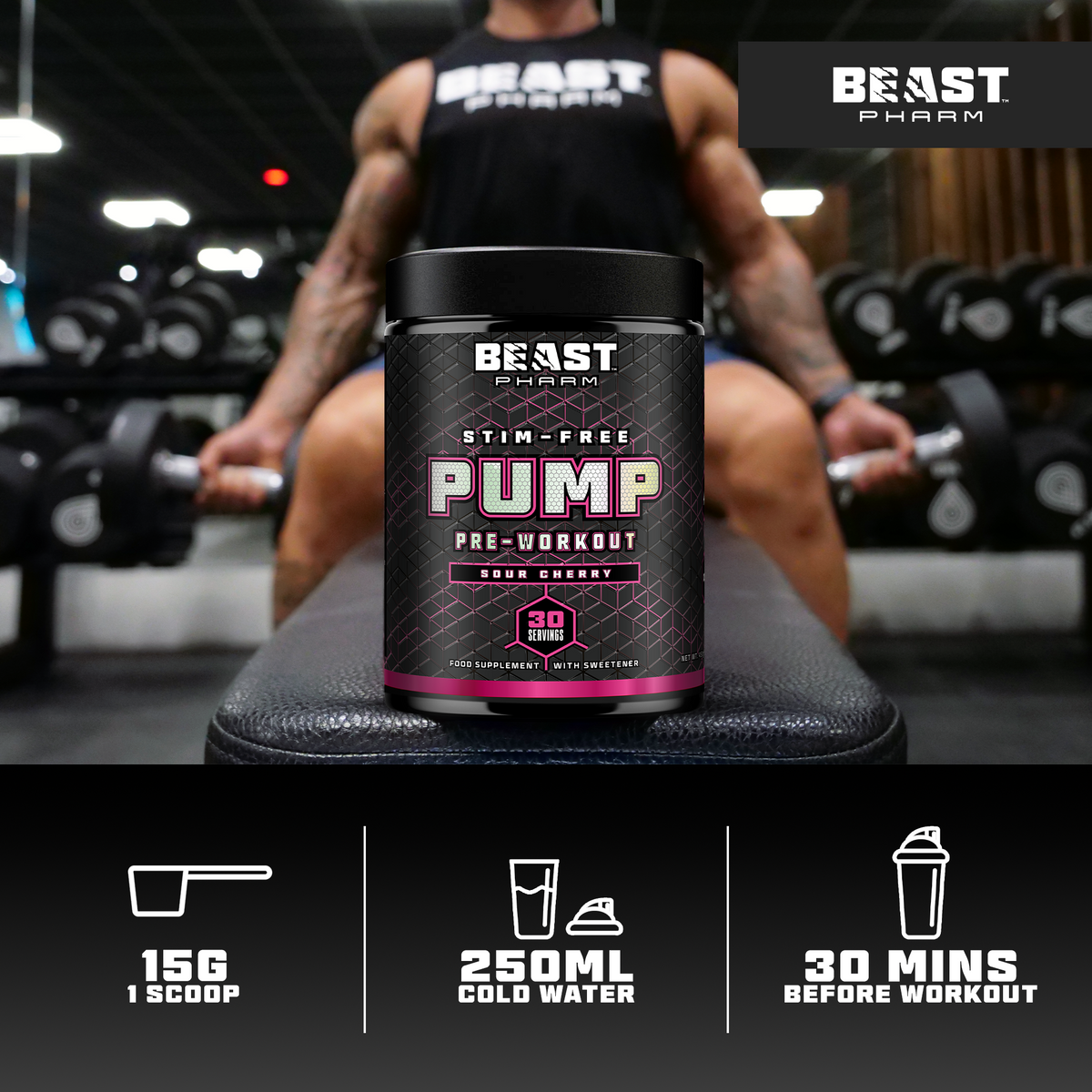 Pre-workout supplement container with 'Beast Pharm' branding in a gym setting