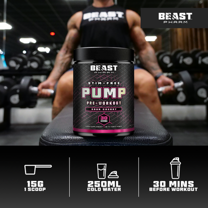 Pre-workout supplement container with 'Beast Pharm' branding in a gym setting