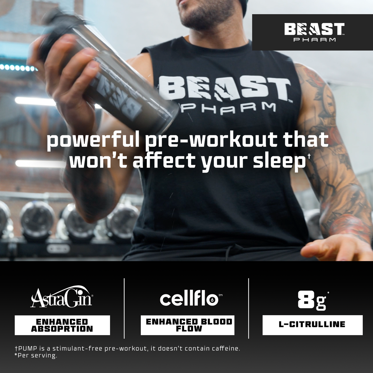 Person holding a Beast Pharm pre-workout supplement with gym equipment in the background