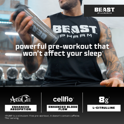 Person holding a Beast Pharm pre-workout supplement with gym equipment in the background