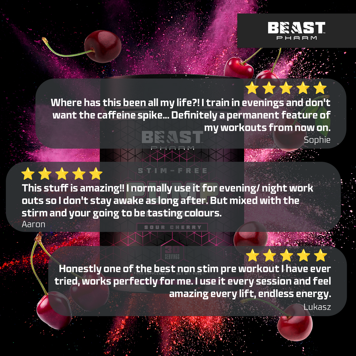 Product packaging with customer reviews and Beast Pharm branding on a vibrant background with cherries.