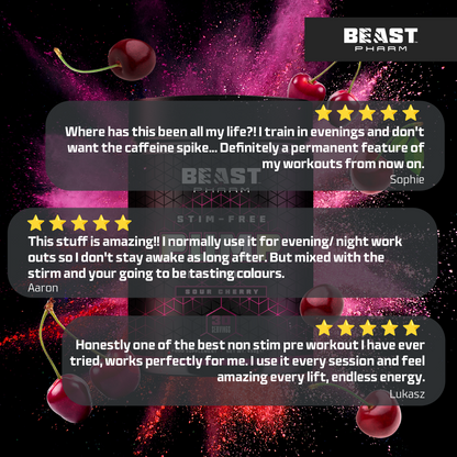 Product packaging with customer reviews and Beast Pharm branding on a vibrant background with cherries.