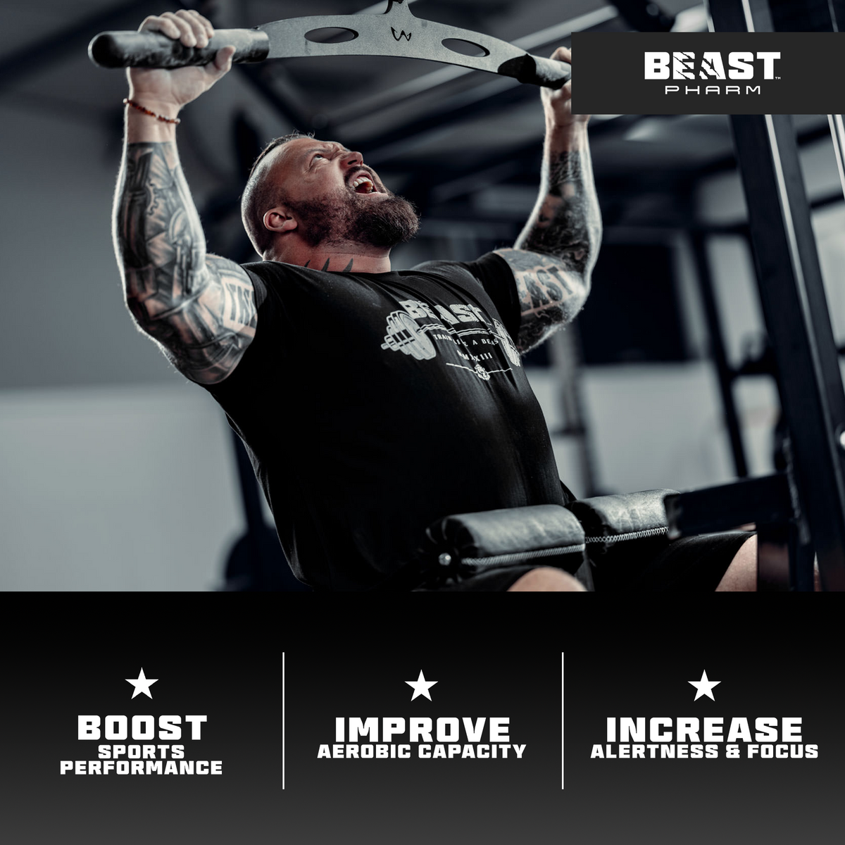 Man lifting weights with 'Beast Pharm' branding and product benefits listed below.