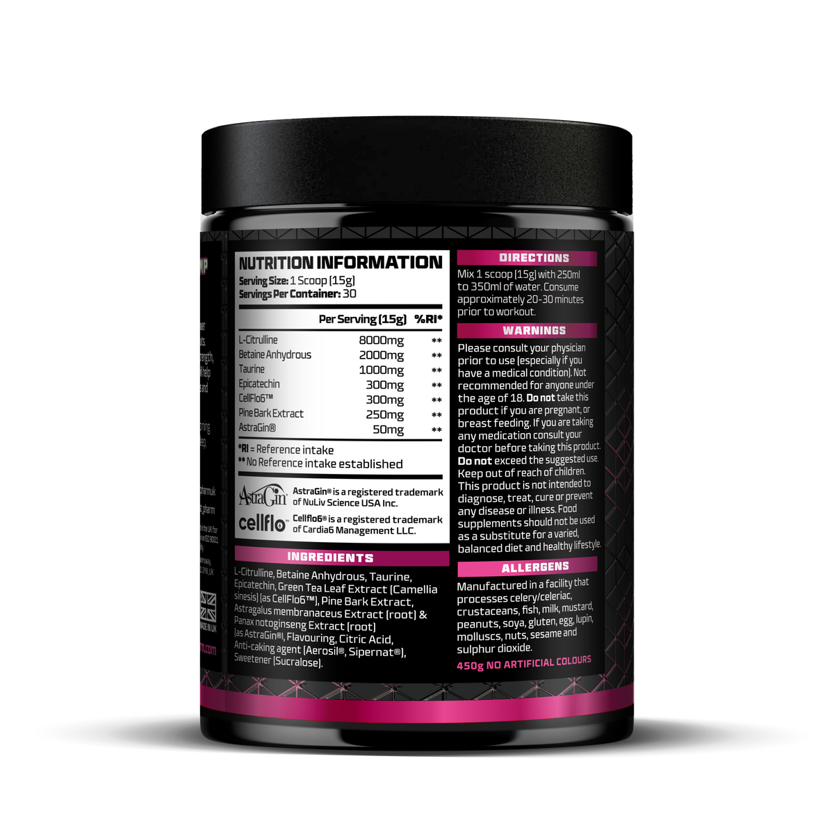 Nutrition information label on a supplement container with black and pink design.