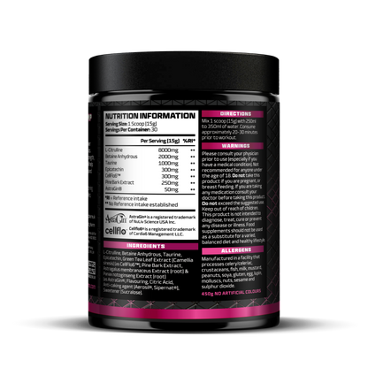 Nutrition information label on a supplement container with black and pink design.