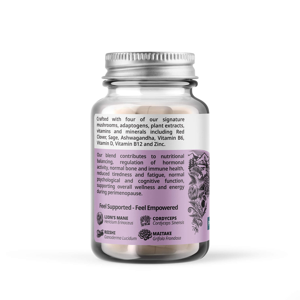 Back label of Love Mushrooms Empower perimenopause support capsules bottle