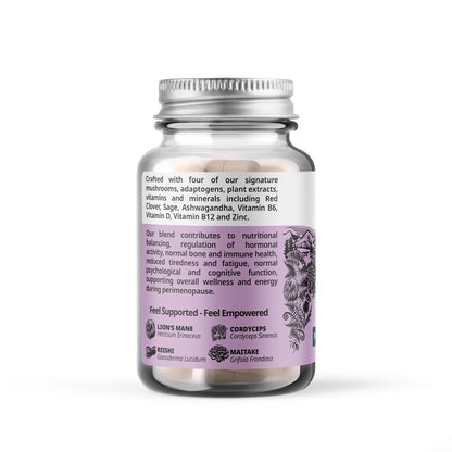 Back label of Love Mushrooms Empower perimenopause support capsules bottle