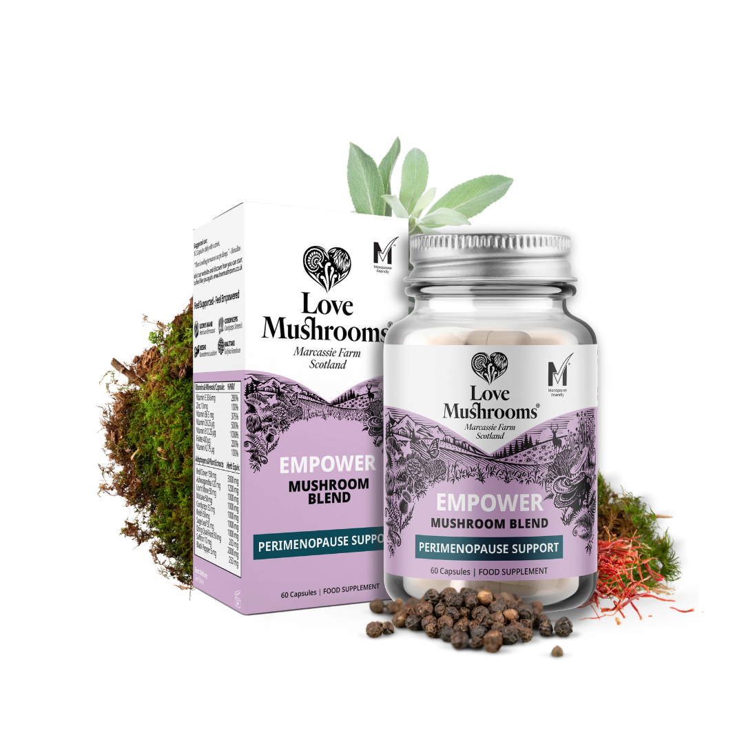 Love Mushrooms Empower perimenopause support capsules with bottle, box and botanical ingredients