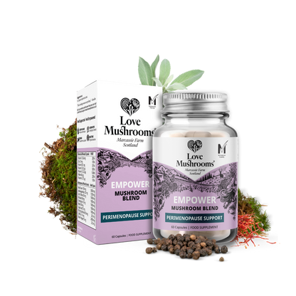 Love Mushrooms Empower perimenopause support capsules with bottle, box and botanical ingredients