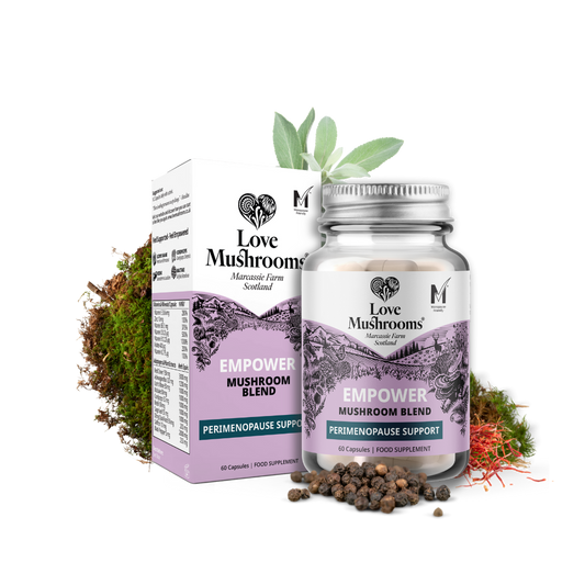 Love Mushrooms Empower perimenopause support capsules with bottle, box and botanical ingredients