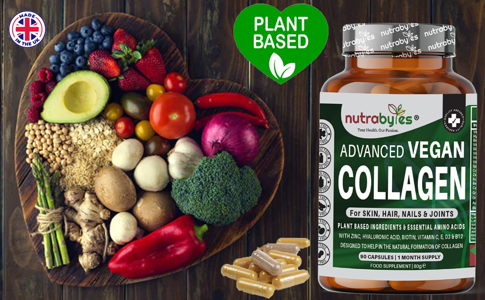 Plant-based Advanced Vegan Collagen Support bottle with fresh vegetables and capsules