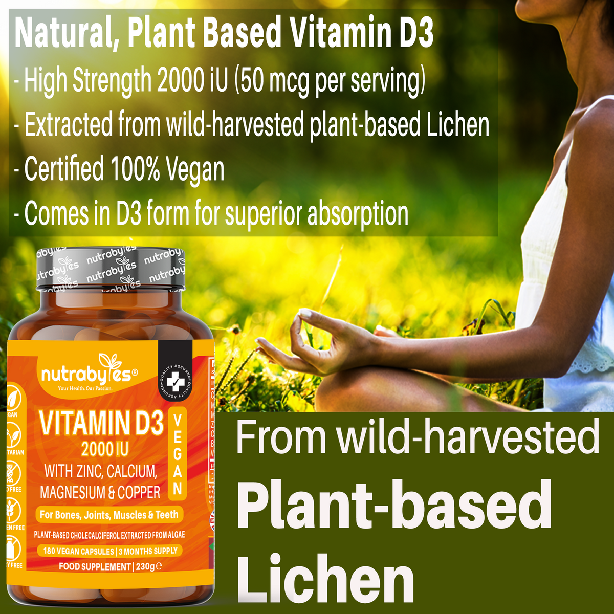Vegan Vitamin D3 2000 IU with Calcium, Magnesium, Zinc & Copper – 180 Capsules | NUTRABYTES – Plant Based Vitamin D3Lichen Vegan product graphic