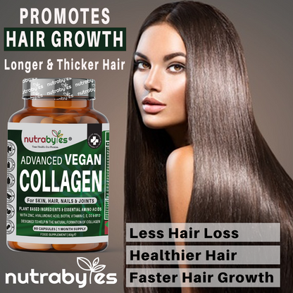 NUTRABYTES vegan collagen-support capsules with hair support graphic