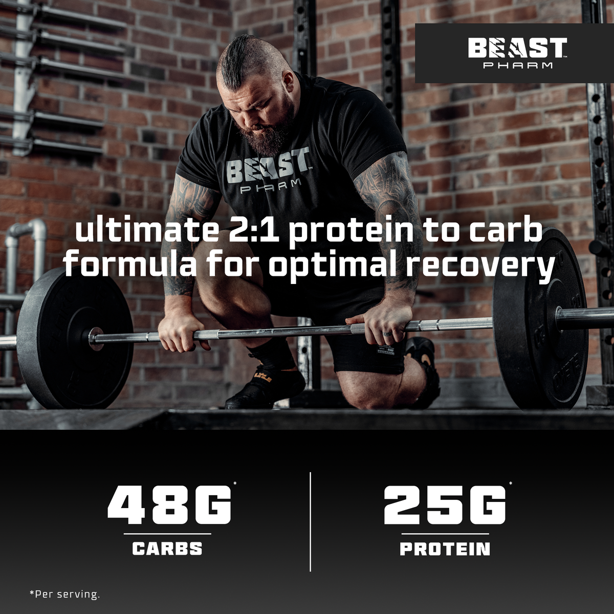 Man lifting weights with Beast Pharm protein supplement text overlay