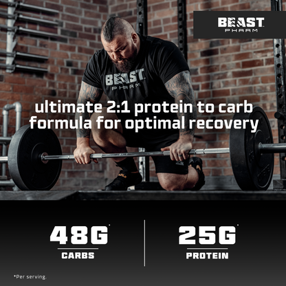 Man lifting weights with Beast Pharm protein supplement text overlay