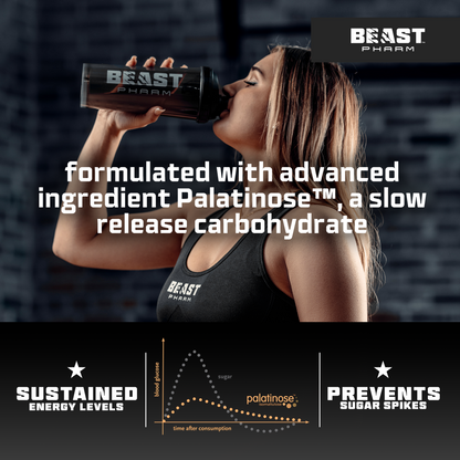 Woman drinking a Beast Pharm supplement with product details and branding.