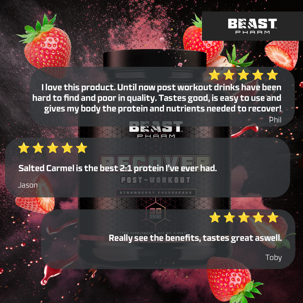 Beast Pharm post-workout supplement with customer reviews and strawberry graphics on a dark background