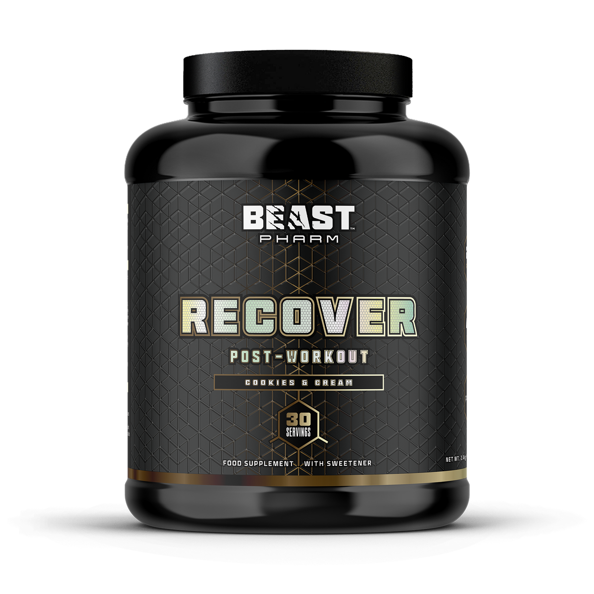 Black supplement container labeled 'Beast Pharm Recover' on a white background