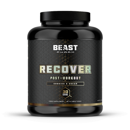 Black supplement container labeled 'Beast Pharm Recover' on a white background