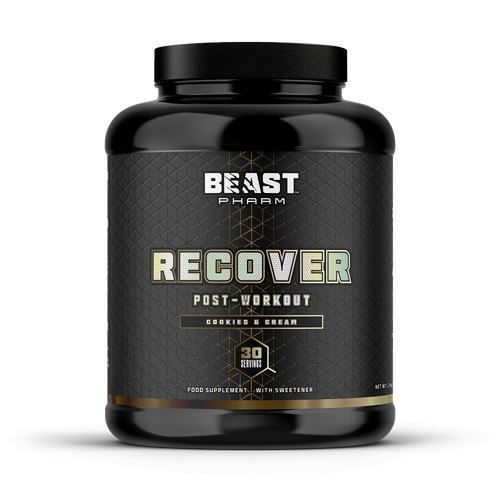 Black supplement container labeled 'Beast Pharm Recover' on a white background