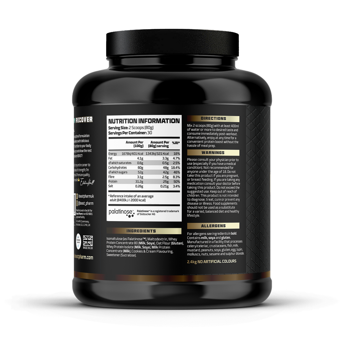 Black supplement container with nutrition information label on a white background