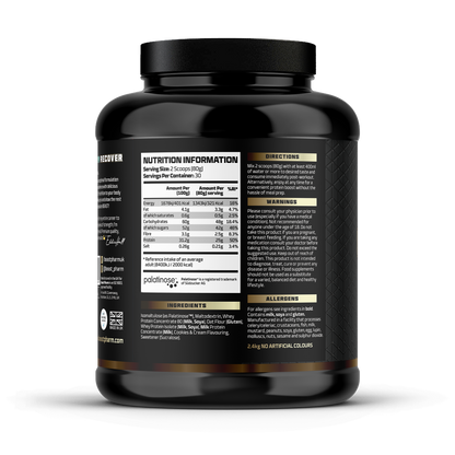 Black supplement container with nutrition information label on a white background