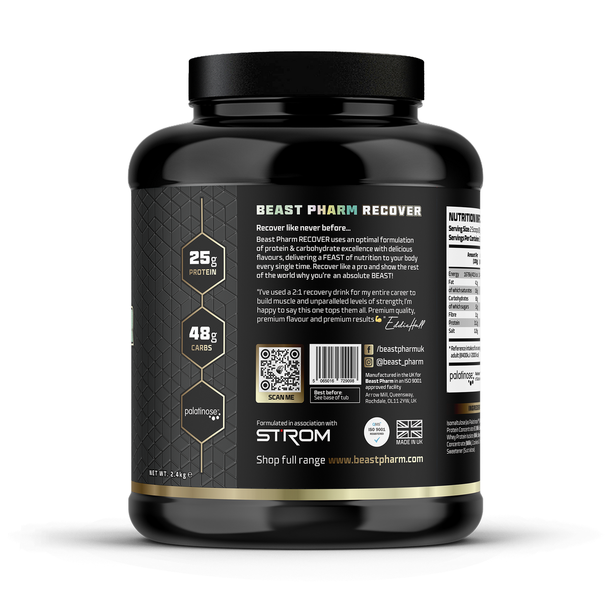 Black supplement container with 'Beast Pharm Recover' label on a white background