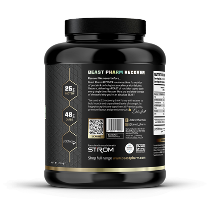 Black supplement container with 'Beast Pharm Recover' label on a white background