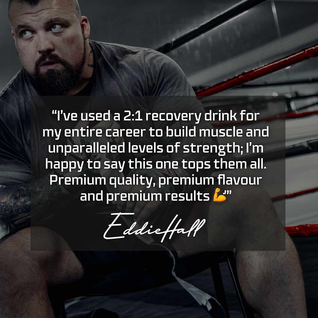 Man in a gym setting with a quote about a recovery drink, featuring the name Eddie Hall.