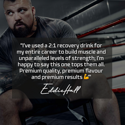 Man in a gym setting with a quote about a recovery drink, featuring the name Eddie Hall.