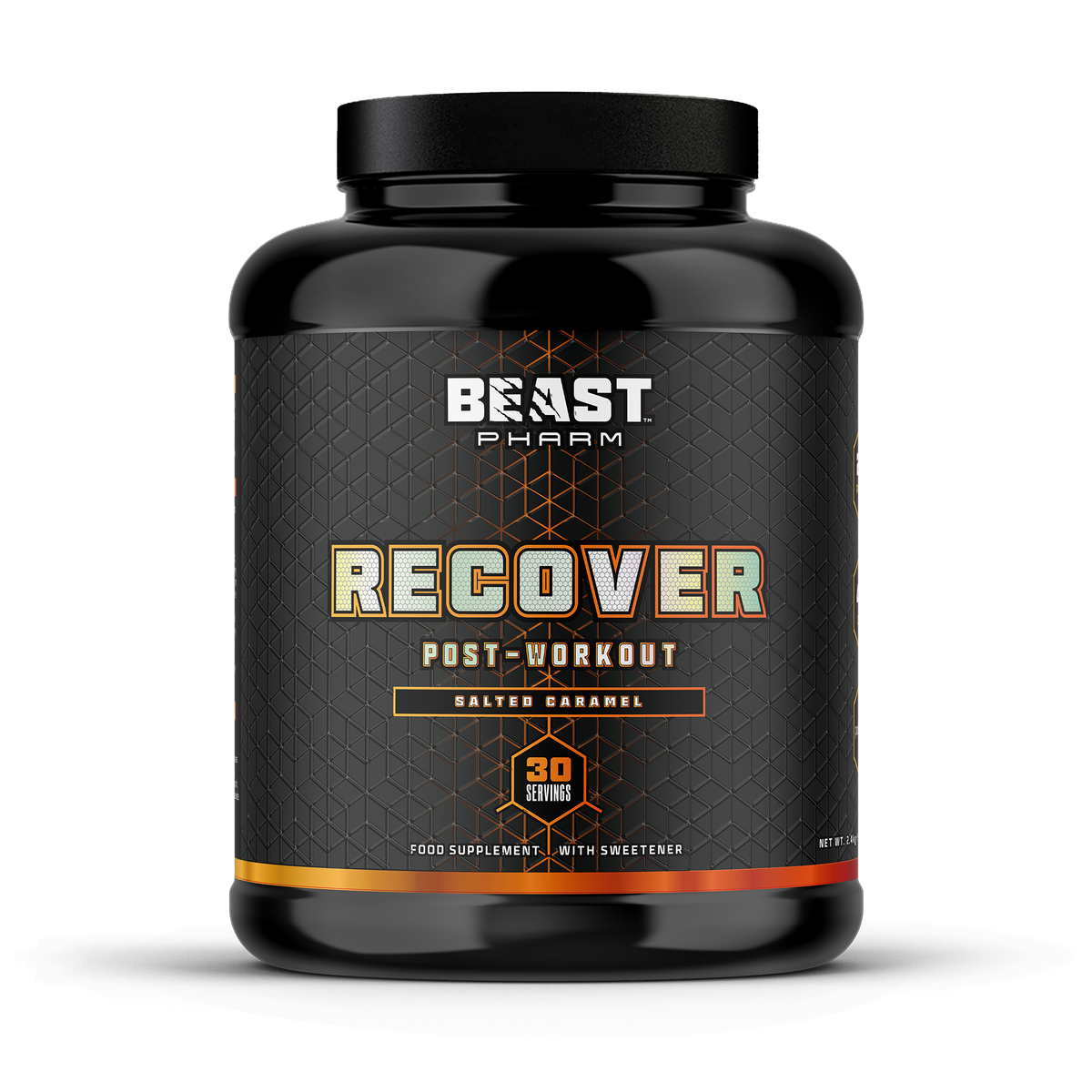 Black supplement container labeled 'Beast Pharm Recover' on a white background