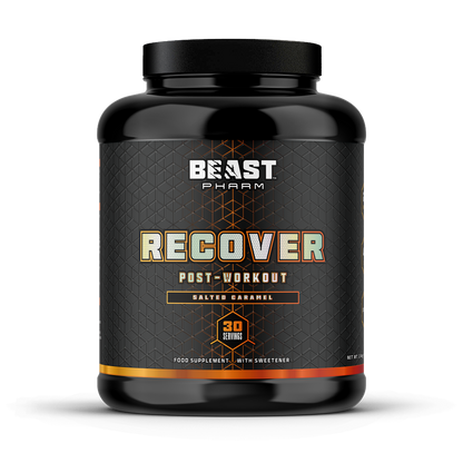 Black supplement container labeled 'Beast Pharm Recover' on a white background