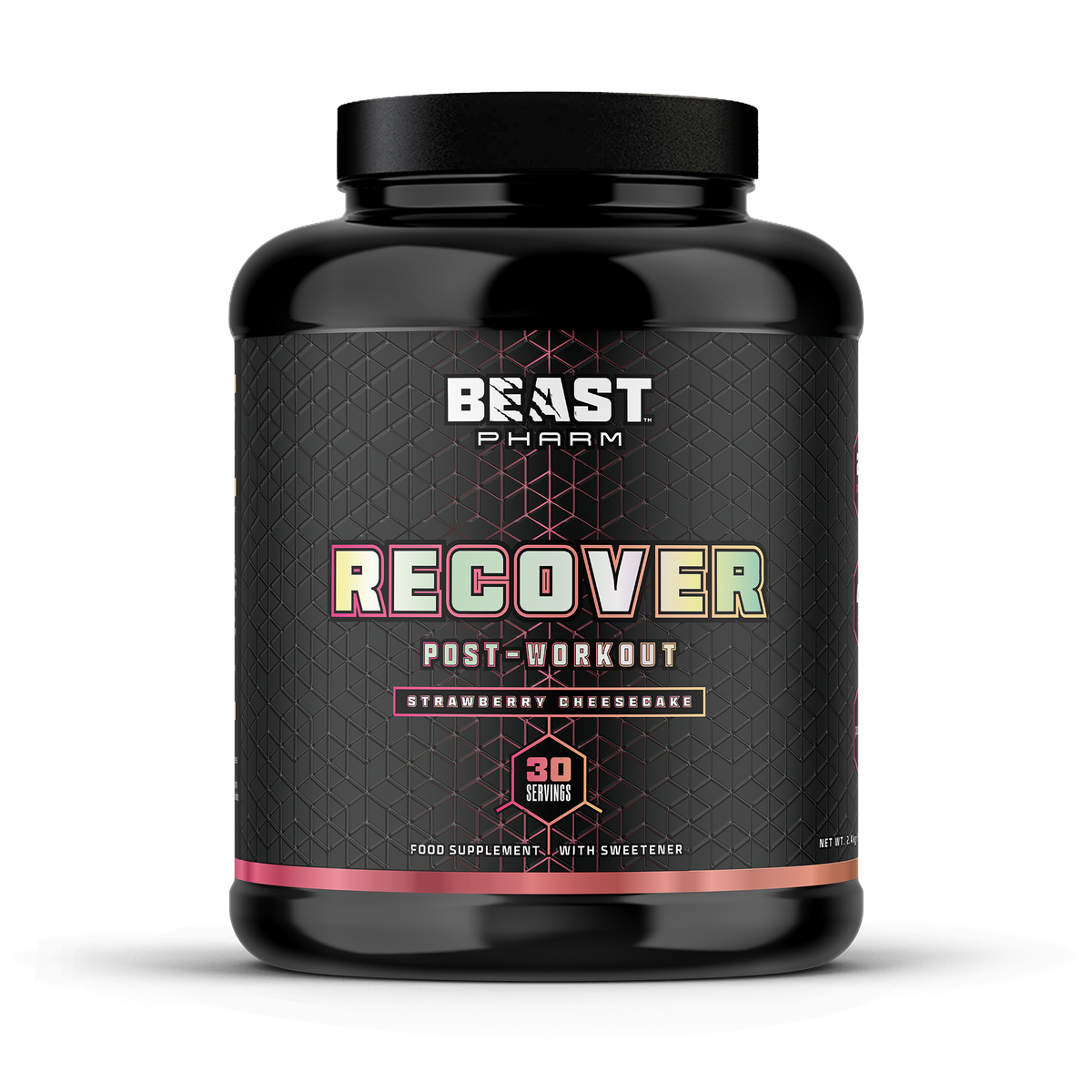 Black supplement container labeled 'Beast Pharm Recover' on a white background