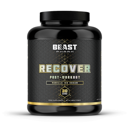 Black supplement container labeled 'Beast Pharm Recover' on a white background