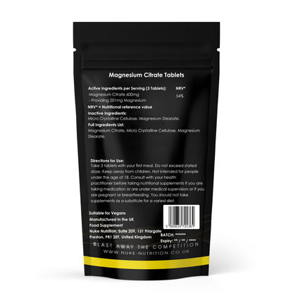 Nuke Nutrition Magnesium Citrate Tablets – 201mg Magnesium per 3 Tablets – ingredient and serving information