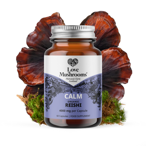 Love Mushrooms Calm Reishi 4000mg capsules bottle with reishi mushrooms