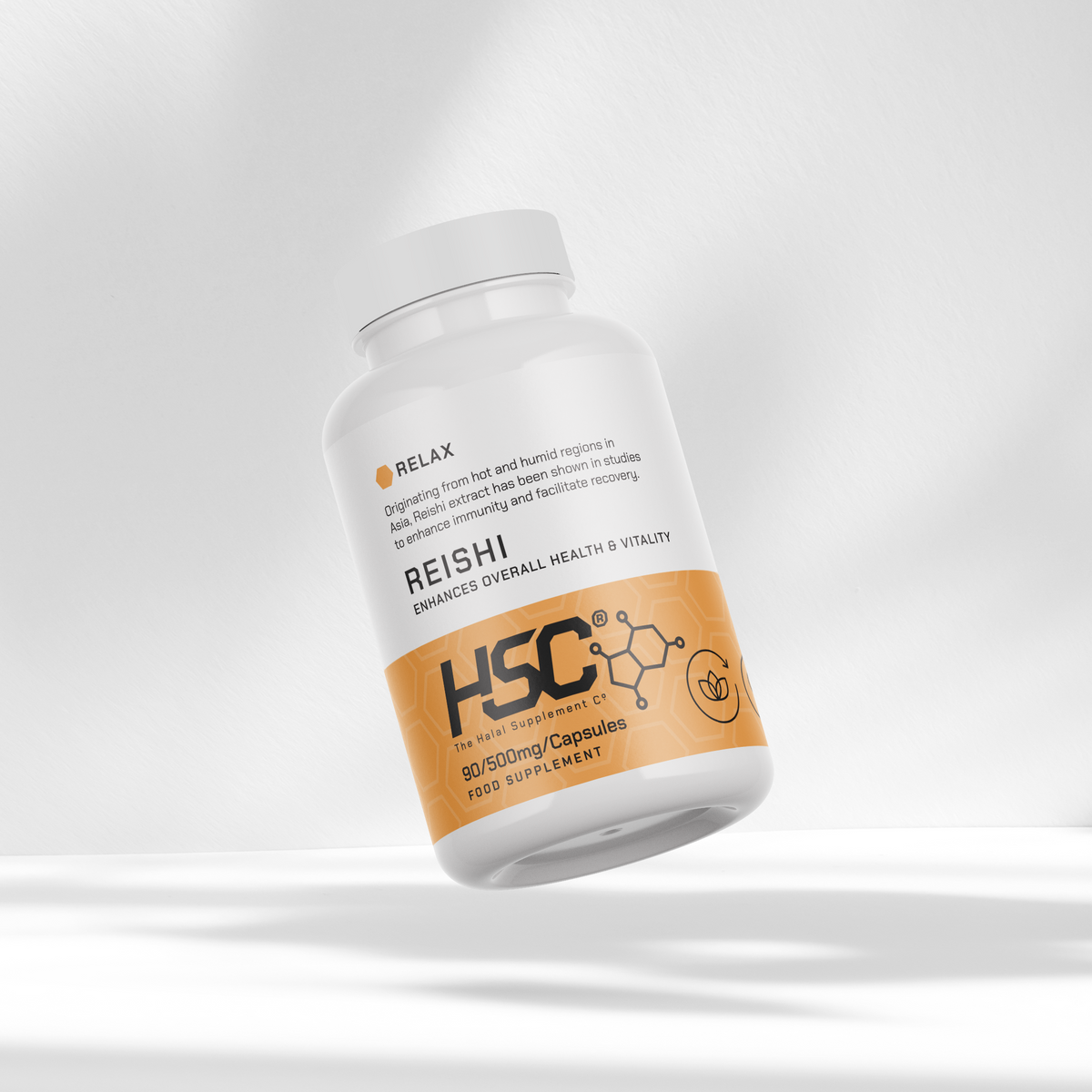 HSC Reishi supplement bottle on a white background