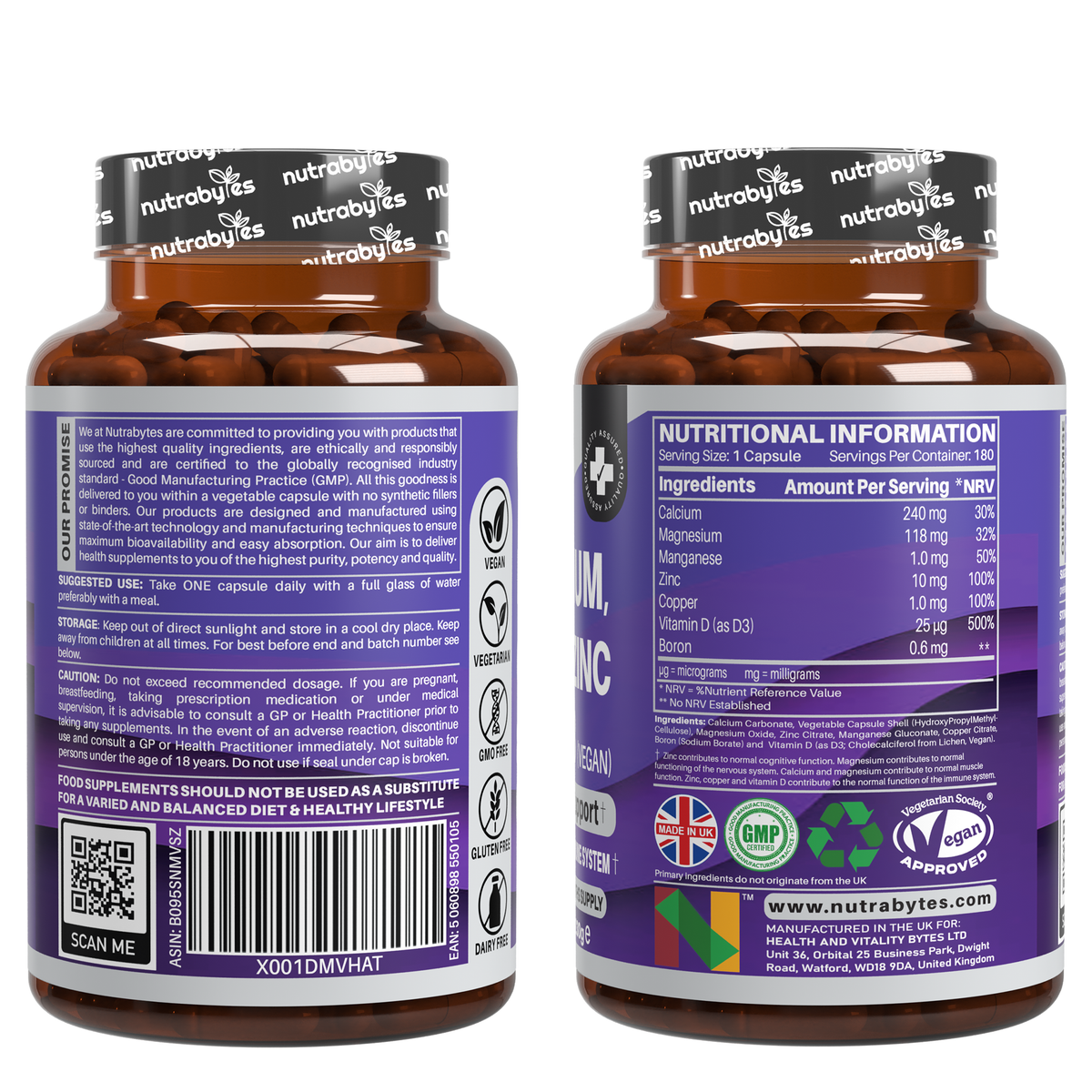 NUTRABYTES Magnesium, Calcium, Zinc & Vitamin D3 – 180 Vegan Capsules – front, side and label views