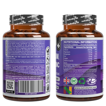 NUTRABYTES Magnesium, Calcium, Zinc & Vitamin D3 – 180 Vegan Capsules – front, side and label views