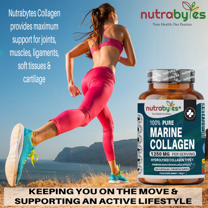 NUTRABYTES Pure Marine Collagen 1250mg – 180 Capsules active lifestyle photograph of a runner highlighting joint-focused use