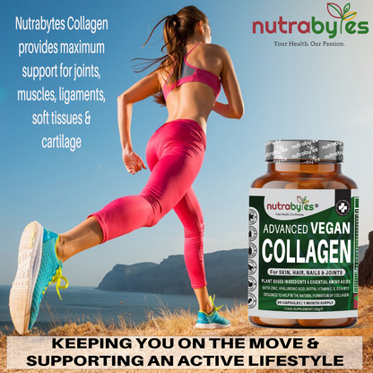 Woman running beside Advanced Vegan Collagen Support bottle and joint support graphic
