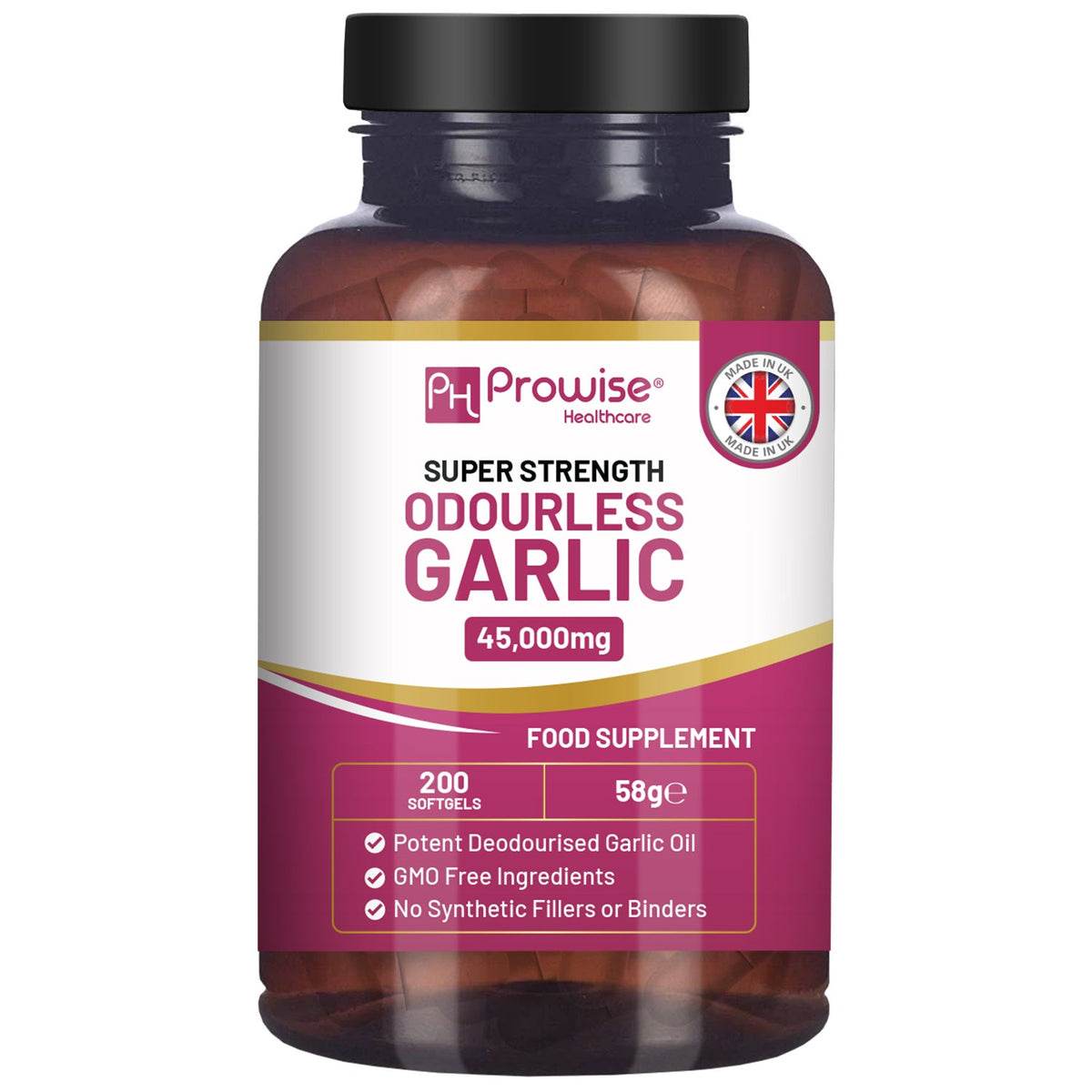 Prowise Odourless Garlic 45,000mg Equivalent – 200 Softgels – front of 200-softgel pack