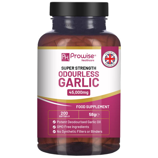Prowise Odourless Garlic 45,000mg Equivalent – 200 Softgels – front of 200-softgel pack