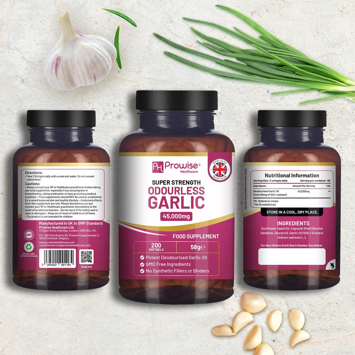 Prowise Odourless Garlic 45,000mg Equivalent – 200 Softgels – bottle labels with garlic extract equivalent and gelatine ingredients